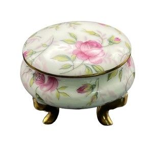 VTG Lefton 1239 Footed Porcelain Rose Rosebud Pink Green White Gilt Trinket Box